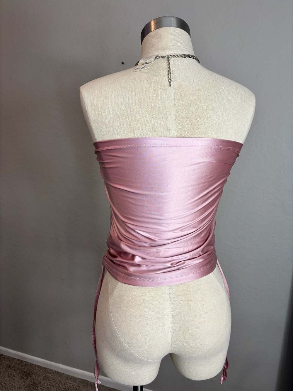 Ash Prio Eden Pink Satin Ruched Side Tube Top with 23 Print - Picture 4 of 7